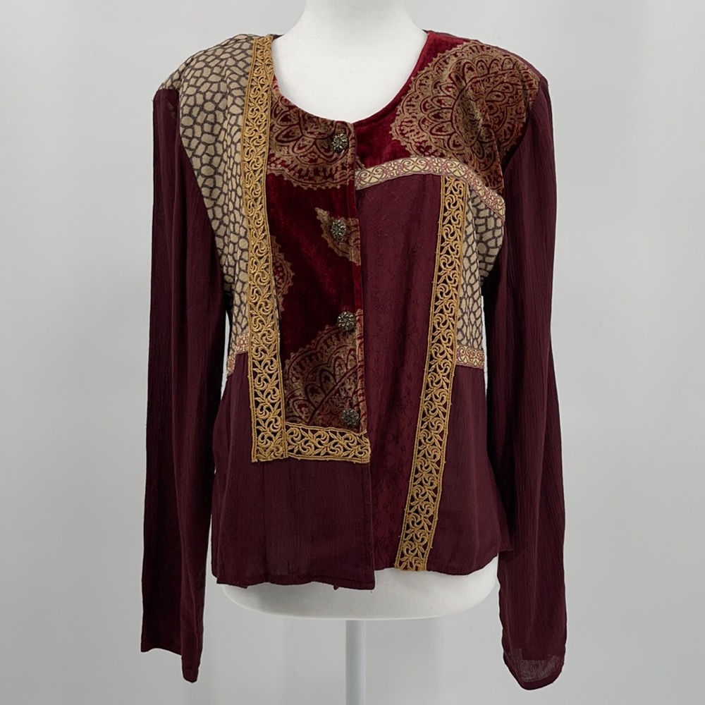 Spencer Alexis Women's Vintage Burgundy and Gold Long Sleeve Blouse